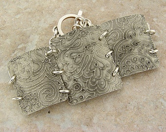 Handmade Etched Pewter Curved Bracelet, 7" Wrist, Doodles Theme