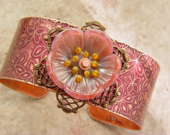 Embellished and Etched Copper Cuff Bracelet, Burgundy Plumeria with Lampwork, 1"