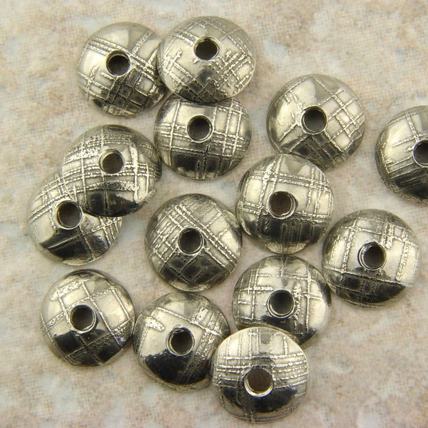 Pewter Bead Caps Etched Crosshatch, 11-12mm, 3 pair (6 caps)