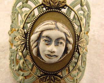 Romantic Embellished Brass Cuff Bracelet, Ceramic Face on Pale Green