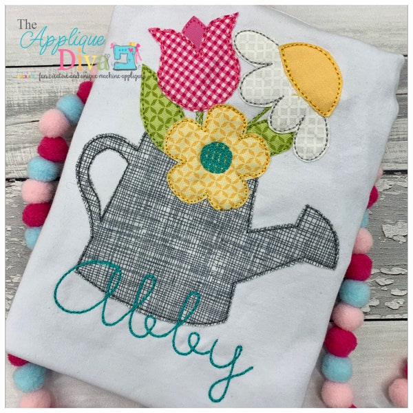 Watering Can with flowers Triple Vintage Raw Stitch Summer Digital Embroidery Machine Applique Design