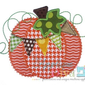 May include: A felt applique pumpkin with a green leaf, orange and white stripes, and brown and white polka dots. The pumpkin has a banner of fabric triangles with green, white, and brown patterns.