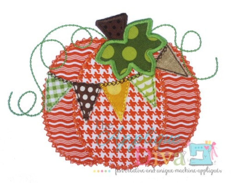 May include: A felt applique pumpkin with a green leaf, orange and white stripes, and brown and white polka dots. The pumpkin has a banner of fabric triangles with green, white, and brown patterns.