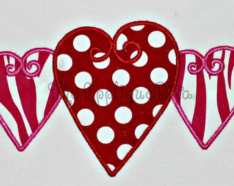 Valentine's Day Three Hearts  Embroidery Design Machine Applique