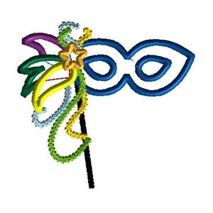 May include: A blue masquerade mask with a white eye opening and a colorful feather stick attached.