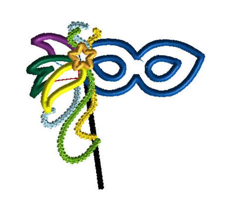 May include: A blue masquerade mask with a white eye opening and a colorful feather stick attached.