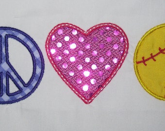 Peace Love Softball  Embroidery Design Applique