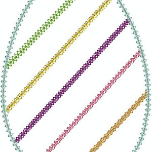 Puede incluir: Un dise&ntilde;o de huevo de Pascua bordado con cinco l&iacute;neas de puntadas en diferentes colores: verde claro, amarillo, morado, rosa y dorado.