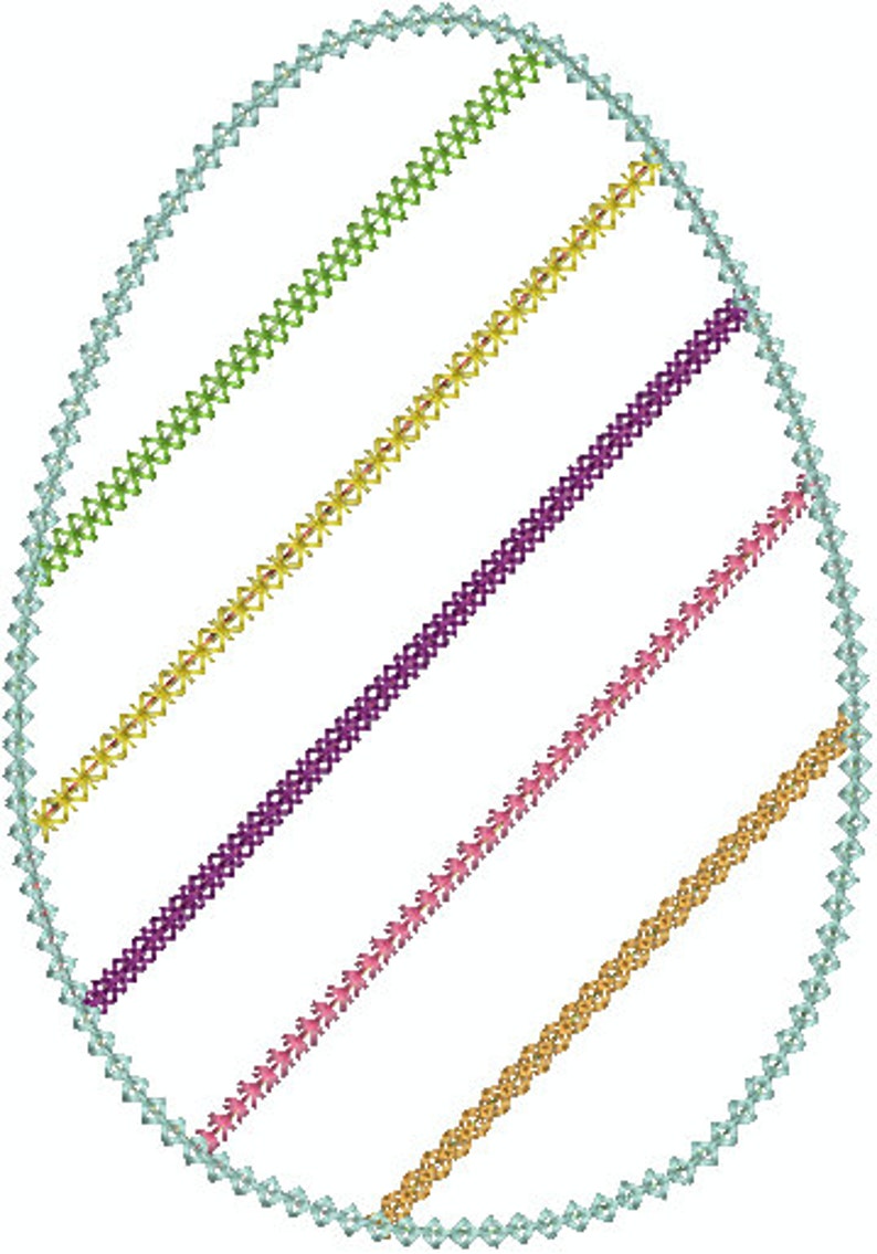 Puede incluir: Un dise&ntilde;o de huevo de Pascua bordado con cinco l&iacute;neas de puntadas en diferentes colores: verde claro, amarillo, morado, rosa y dorado.
