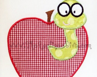 Back to School Apple with Worm Embroidery Design Machine Applique