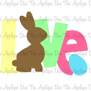 May include: A brown bunny rabbit silhouette with a yellow "L", a green "V", a pink "E" and a blue egg. The letters spell out "LOVE".