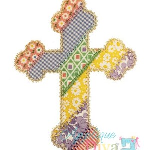 May include: A patchwork cross with a variety of floral and geometric patterns in shades of pink, blue, yellow, and green. The cross is outlined in gold thread.