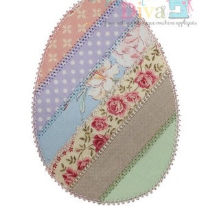 May include: A patchwork fabric Easter egg applique design with a variety of floral patterns and colors, including pink, purple, blue, green, and white.