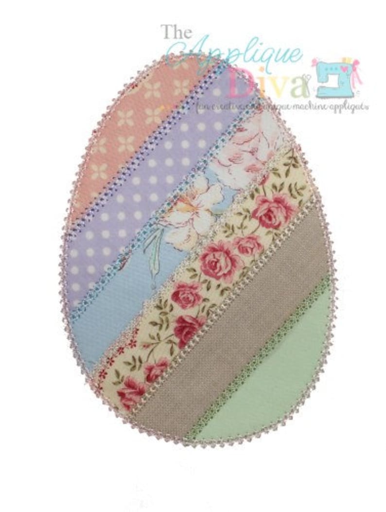 Puede incluir: Un dise&ntilde;o de aplique de huevo de Pascua de tela patchwork con una variedad de patrones florales y colores, incluyendo rosa, morado, azul, verde y blanco.