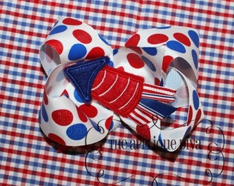 4th of July Rocket with Ribbon Hair Bow Center Embroidery Design Machine Applique