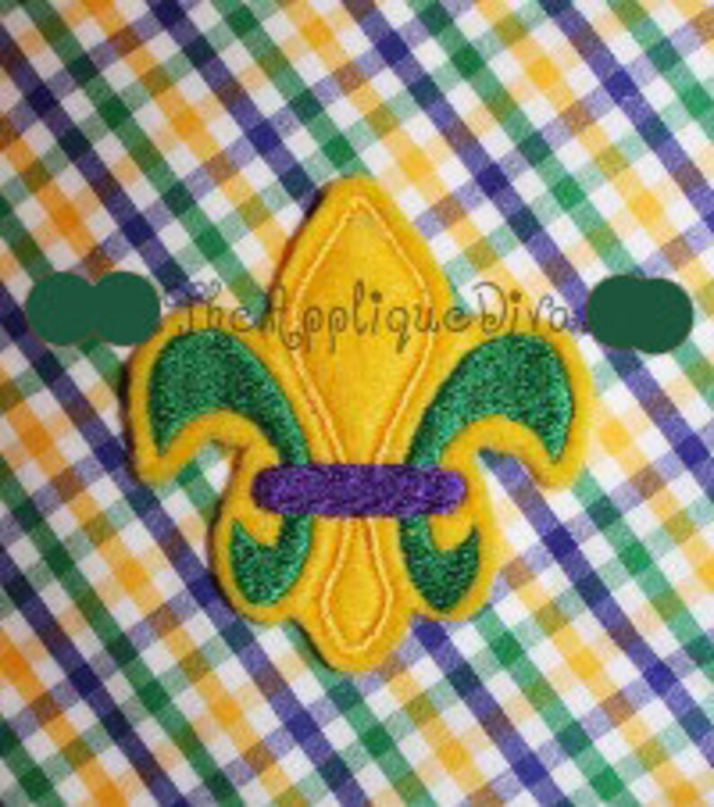 Mardi Gras Three Color Fleur de lis Hair Bow Center Embroidery Design Machine Applique image 2