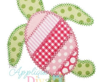 May include: A patchwork appliqué of a green turtle with pink, red, and white fabric. The turtle has a scalloped edge and is perfect for a child's room or nursery.