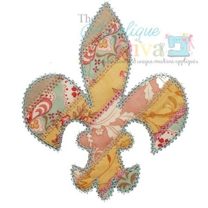 May include: A colorful patchwork fleur-de-lis applique design with a light blue outline. The design is made of various floral fabrics in shades of pink, yellow, green, and brown.
