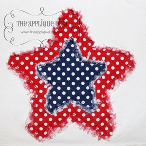 May include: A red and white polka dot star with a blue and white polka dot star on top. Both stars have a frayed edge.