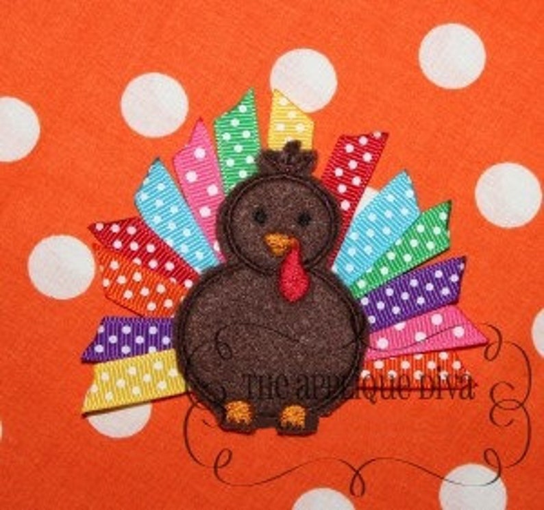 Thanksgiving Ribbon Turkey Digital Hair Bow Center Machine Embroidery Design Applique image 2