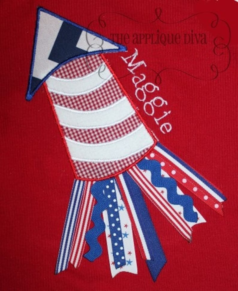 4th of July Ribbon Rocket Embroidery Design Applique image 1