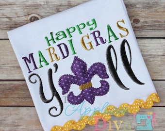 Happy Mardi Gras Y'all  Embroidery Design Machine Applique