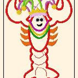 May include: A red lobster wearing a purple, green and yellow jester hat with gold bells. The lobster is wearing a green, purple and gold beaded necklace.
