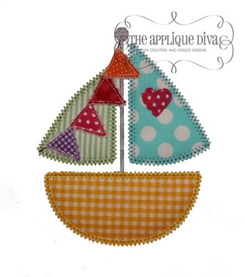 Summer Vintage Sailboat Digital Embroidery Design Machine Applique image 1