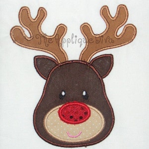 May include: A brown reindeer head with a red nose and brown antlers. The reindeer has a white background.