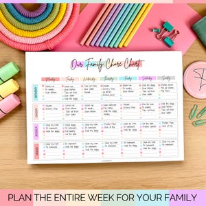 May include: A printed family chore chart with the title "Our Family Chore Chart" in a handwritten style. The chart is divided into days of the week and includes tasks for "Mommy," "Daddy," "Jessica," and "Jason." The text "Plan the entire week for your family" is at the bottom.