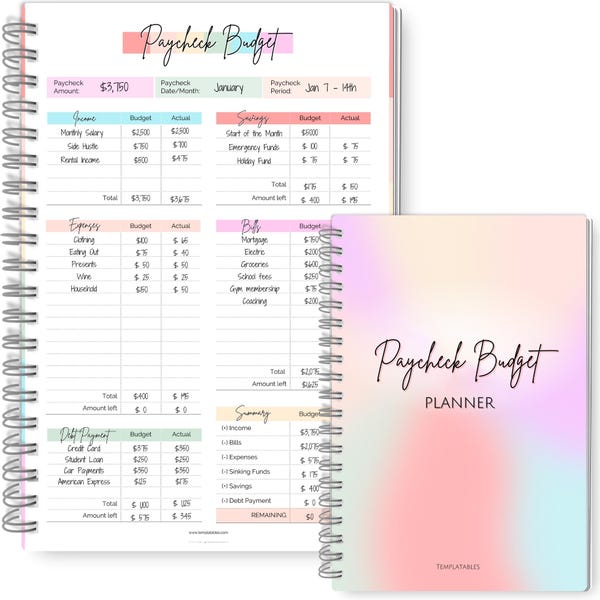 Paycheck Budget Planner - Undated Financial Organizer for Weekly, Bi-Weekly, and Monthly Budgeting and Expense Tracking | A5 Spiral COLORFUL