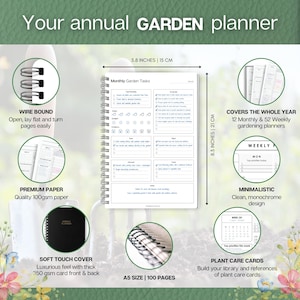 May include: A wire-bound garden planner with a soft-touch cover. The planner is A5 size, 8.3 inches (21 cm) tall, and contains 100 pages. It includes monthly and weekly gardening planners, plant care cards, and a minimalist design.