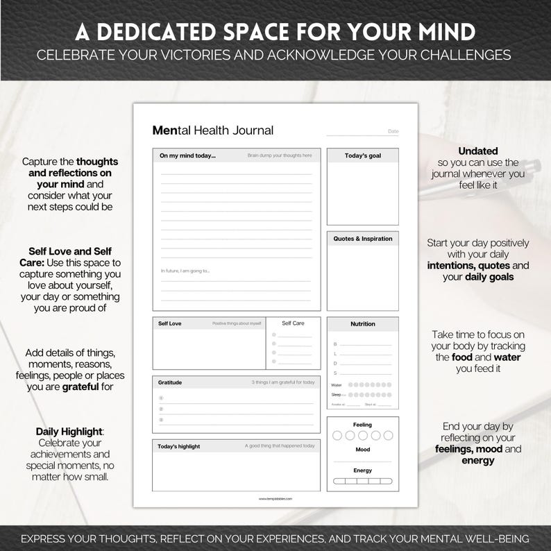 May include: A white Mental Health Journal with sections for daily reflection, including thoughts, goals, gratitude, and mood tracking. The journal encourages self-love and self-care, with space to record daily highlights. The text reads: "A Dedicated Space for Your Mind."