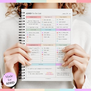 May include: A spiral-bound ADHD To Do List planner page featuring a grid layout with sections for daily tasks, appointments, habits, and reminders. The page includes colourful bullet points, handwritten-style text, and a section titled My worth is not defined by my productivity.