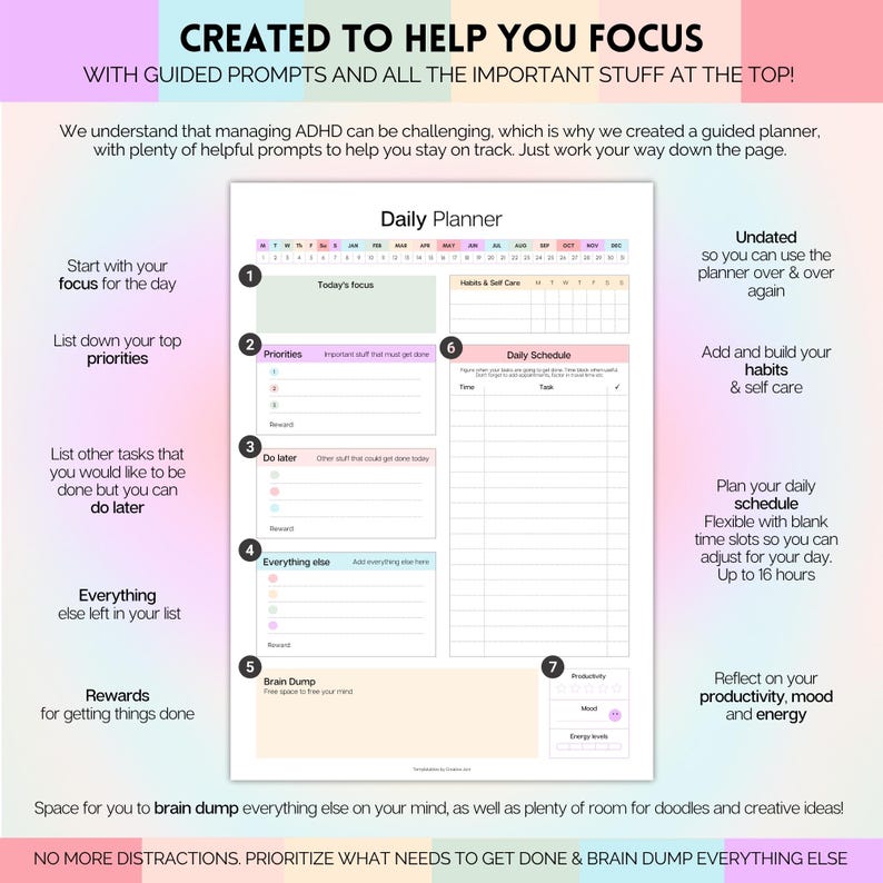Puede incluir: Un planificador diario con indicaciones y secciones para el enfoque, las prioridades y el horario. El planificador incluye espacio para h&aacute;bitos, recompensas y un "brain dump". El texto en el planificador dice "CREATED TO HELP YOU FOCUS".
