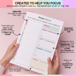 May include: A weekly planner sheet featuring sections for weekly focus, priorities, tasks to do later, everything else, and a brain dump area. The layout includes columns for each day of the week, month indicators, and designated spaces for rewards.