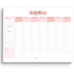 May include: A white weekly planner with a pink watercolor header that reads "Weekly Planner." The planner includes sections for the month, weekly priorities, tasks, and notes. Each day of the week has a section for scheduling.