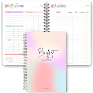 May include: A spiral-bound budget planner with a pastel cover. The cover reads "Budget Planner." Open pages show sections for income, expenses, savings, and debt. The planner includes sections for monthly finances and bill tracking, ideal for financial organization.