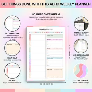May include: A weekly planner with a pastel rainbow border, measuring 8.3 inches by 11.8 inches. The layout includes sections for weekly focus, priorities, tasks to do later, other items, and a brain dump area, with 50 sheets of 120gsm paper included.