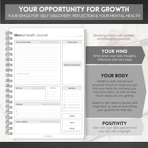 May include: A white spiral-bound mental health journal with prompts for self-reflection. The journal includes sections for daily goals, quotes, gratitude, and mood tracking. Text on the cover reads "Mental Health Journal". The journal is designed for self-discovery and mental wellness.