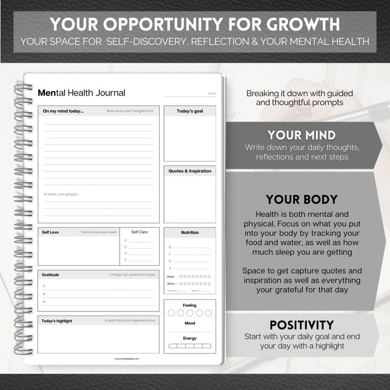 May include: A white spiral-bound mental health journal with prompts for self-reflection. The journal includes sections for daily goals, quotes, gratitude, and mood tracking. Text on the cover reads "Mental Health Journal". The journal is designed for self-discovery and mental wellness.