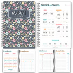 May include: A spiral-bound budget planner with a floral design cover. The cover features a dark gray background with colorful flowers. Inside pages include sections for monthly finances, annual budget, and debt tracking.