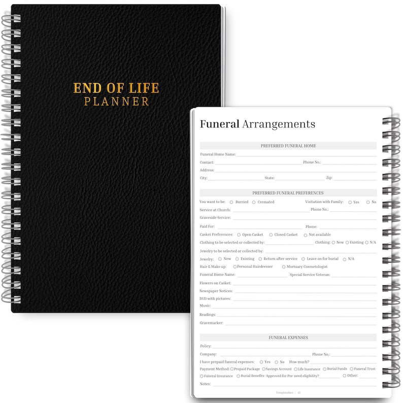 Op de afbeelding: Een zwart spiraalgebonden notitieboek met de titel "End of Life Planner" in gouden letters, naast een wit notitieboek met de titel "Funeral Arrangements". De planner heeft een getextureerde kaft.