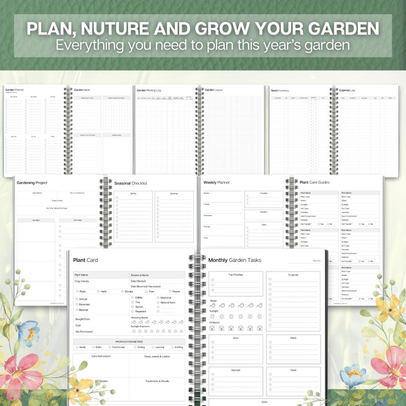 May include: A spiral-bound gardening planner with various sections for planning and tracking garden activities. The planner includes sections for garden layout, seed inventory, and weekly planning. The cover reads "PLAN, NUTURE AND GROW YOUR GARDEN".