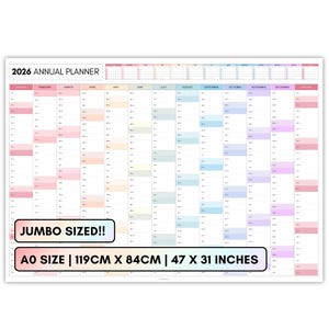 May include: A jumbo-sized 2026 annual planner with a colorful design. The planner is A0 size, measuring 47 x 31 inches. The text "2026 Annual Planner" and "Jumbo Sized!!" are displayed at the top and "AO SIZE | 119CM X 84CM | 47 X 31 INCHES" at the bottom.