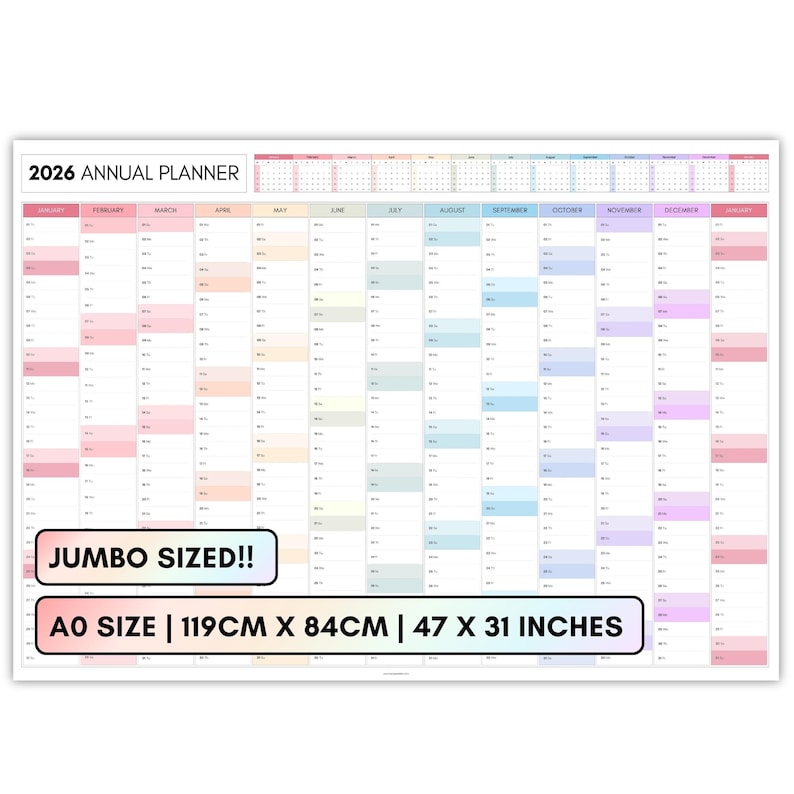 May include: A jumbo-sized 2026 annual planner with a colorful design. The planner is A0 size, measuring 47 x 31 inches. The text "2026 Annual Planner" and "Jumbo Sized!!" are displayed at the top and "AO SIZE | 119CM X 84CM | 47 X 31 INCHES" at the bottom.