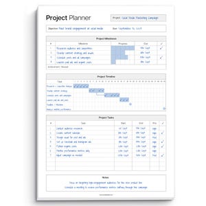 May include: A white project planner titled "Project Planner". It features sections for milestones, timeline, and tasks. The planner includes text such as "Boost brand engagement on social media" and "September 30, 2014".