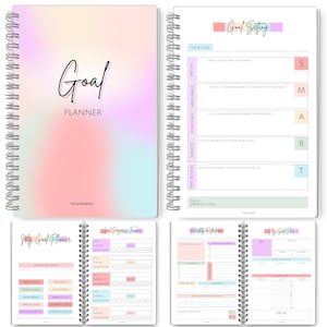 May include: A spiral-bound goal planner with a pastel gradient cover. The cover features the words "Goal Planner" in script. Inside, pages are designed for goal setting, progress tracking, and monthly reflections. The planner includes sections for "Your Goal" and "Goal Setting".