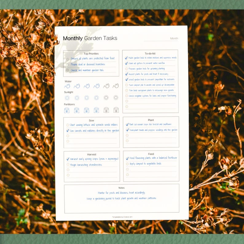 May include: A white, printed planner titled "Monthly Garden Tasks" with sections for water, sunlight, and fertilizer. It includes checklists for sowing, planting, harvesting, and feeding plants. The planner is designed to help track garden tasks.