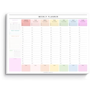 May include: A white weekly planner with a colorful layout. The planner includes sections for each day of the week, with space for top priorities, time slots, and notes. The design is clean and organized, with pastel color-coded sections.